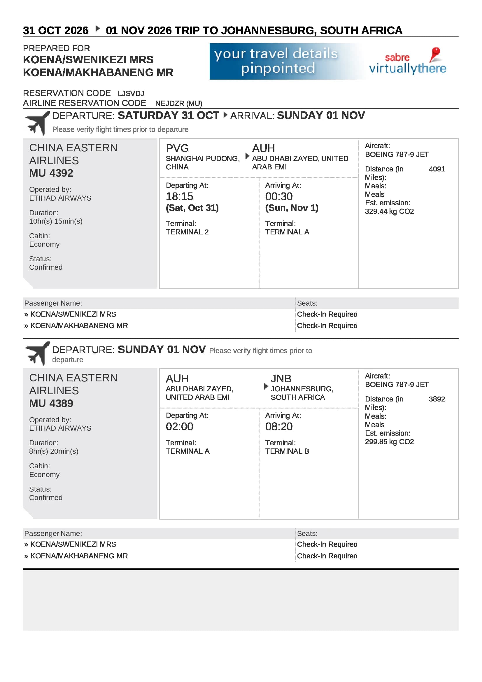 Sample verifiable flight reservation for visa applications